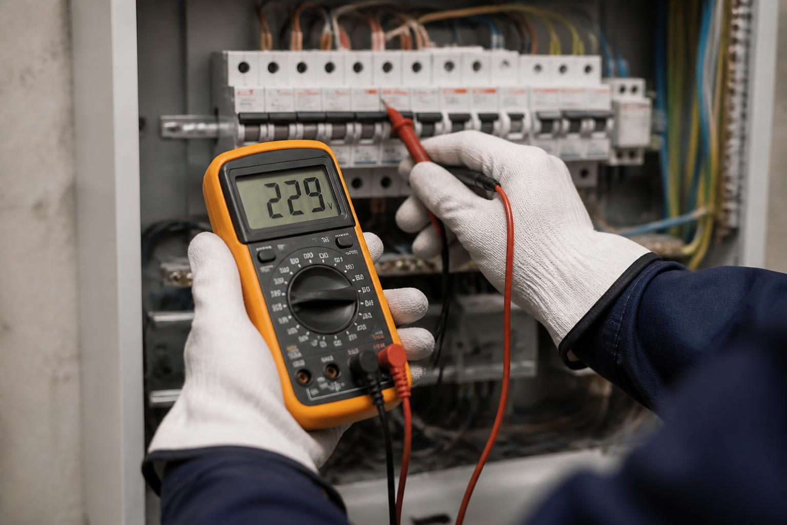 Técnico medindo tensão em instalação elétrica