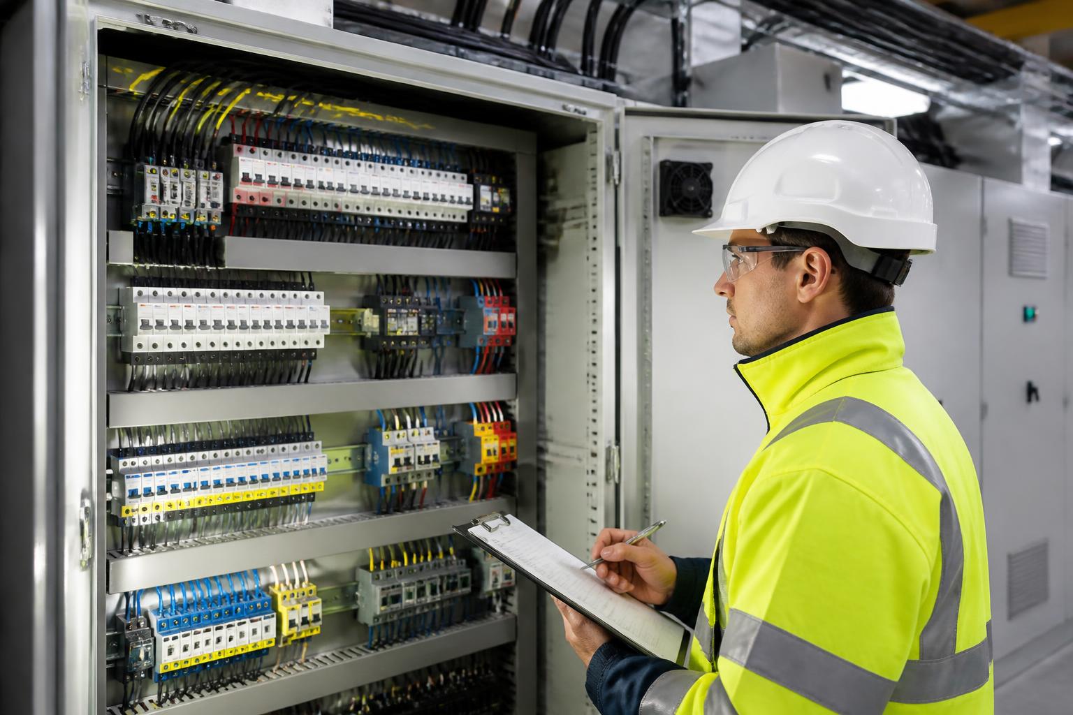 Profissional realizando medição em quadro elétrico